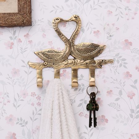 Handmade Two Brass Swan with 4 Hooks Crafted Key Holder
