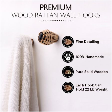 Decorative Rattan Natural Black Wall Hooks-6 Pieces