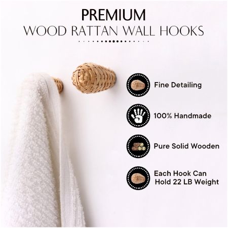 Rattan Natural Decorative Wall Hooks-6 Pieces