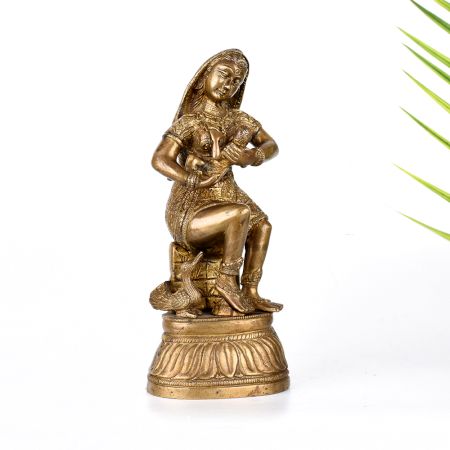 Vintage Brass Statue of Mother Feeding Lord Krishna for Decor