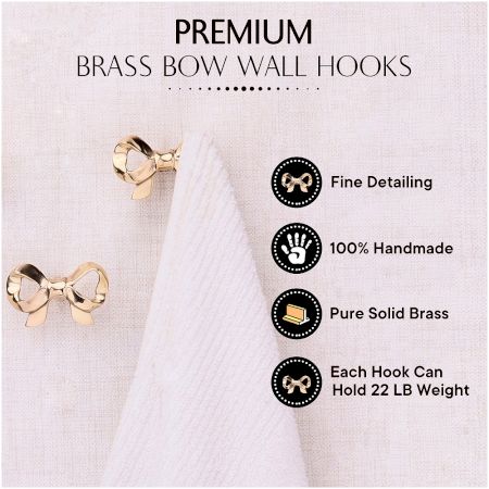 Brass Gold Bow Wall Mounted Coat Hooks- Pack of 3