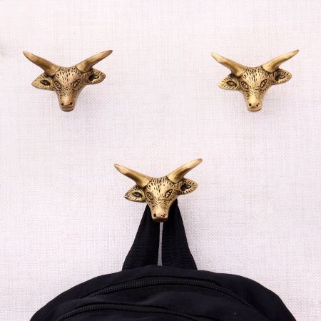 Brass Steer Head With Horns Wall Mounted Coat Hooks- Pack of 3