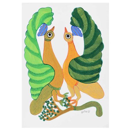 Adorable Peacock Gond Art Acrylic Painting on Paper