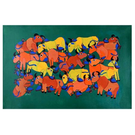 Cow and Birds Figures Gond Art Paper Painting by Durgabai Vyam