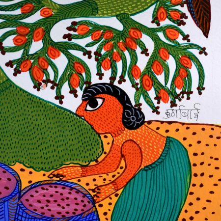 Gond Acrylic Painting on Paper by Padma Shri Awardee Durgabai Vyam