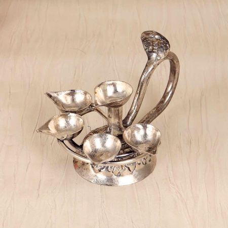 Silver Finish Brass Aarti Oil Lamp with Cobra Handle for Prayer Room
