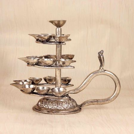 Traditional Indian Brass Aarti Oil Lamp in Silver Finish for Decor
