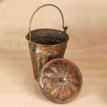 Engraved Beautiful Copper Bucket with Lid for Vintage Collection