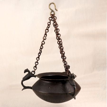 Engraved Vintage Brass Hanging Pot with Chain for Flower Decor