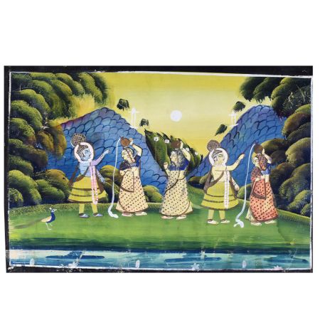 Paper Painting of Lord Krishna and Gopis for Prayer Room