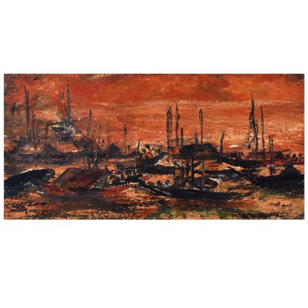 Board Painting of Boats During Sunset by Artist Jayanti Kumari