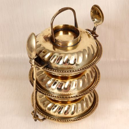 English Art Handmade Brass Tiffin Box with Spoon for Decor