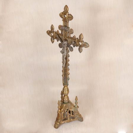 Handmade Vintage Brass Church Altar Cross with Silver Corpus