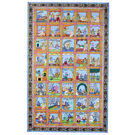 Lord Krishna's Life Pattachitra Painting on Cloth Paper for Prayer Room
