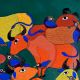 Cow and Birds Figures Gond Art Paper Painting by Durgabai Vyam
