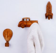 Wooden Adhesive Hot Air Balloon,Car And Rocket Shape Wall Hooks-Pack of 3