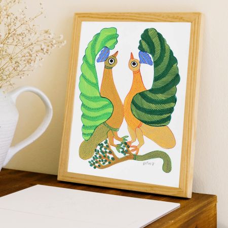 Adorable Peacock Gond Art Acrylic Painting on Paper
