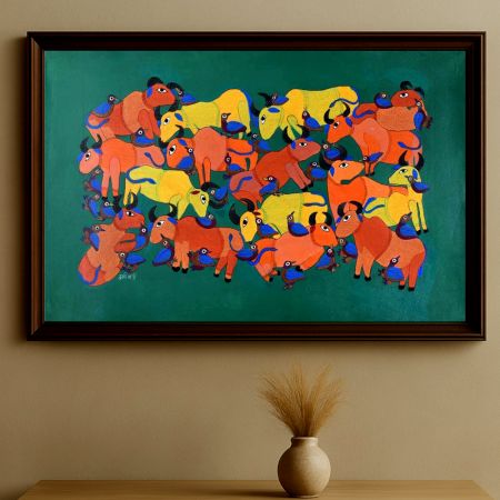 Cow and Birds Figures Gond Art Paper Painting by Durgabai Vyam