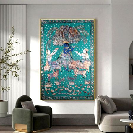 Beautifully Painted Cloth Pichwai Painting of Lord Krishna for Decor