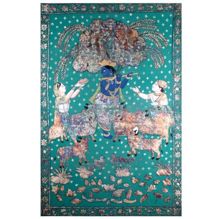Beautifully Painted Cloth Pichwai Painting of Lord Krishna for Decor
