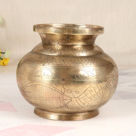 Engraved South Indian Art Brass Holy Water Pot for Rituals