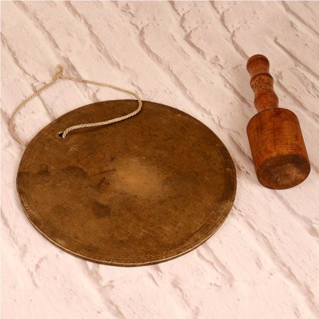 Handmade Finest Brass Round Bell with Wooden Mallet for Decor