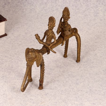 Tribal Art Vintage Brass Elephant with Two Rider for Decoration