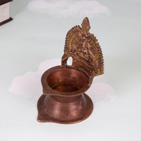 Vintage Brown Brass Gaja Lakshmi Oil Lamp for Prayer Room