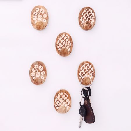 Wooden Brown White No Damage Wall Adhesive Hooks-Pack of 6