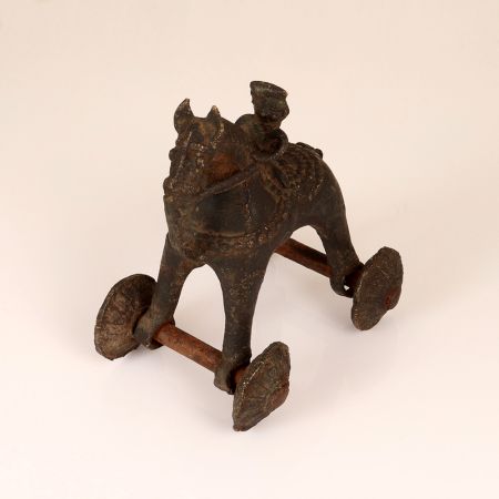Indian Vintage Brown Brass Horse with Wheel for Decoration