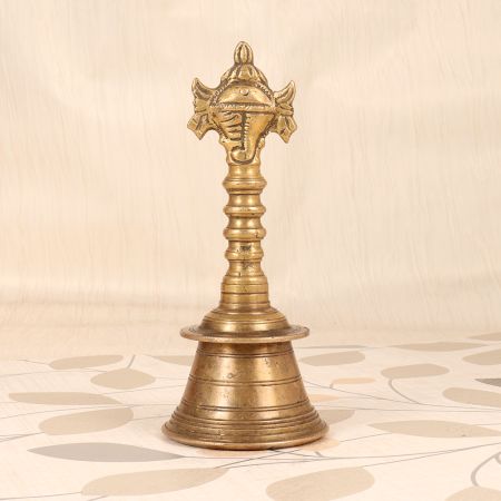 Indian Traditional Brass Temple Bell with Handle with Vishnu Chakra