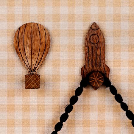 Wooden Adhesive Hot Air Balloon And Rocket Shape Wall Hooks-Pack of 2
