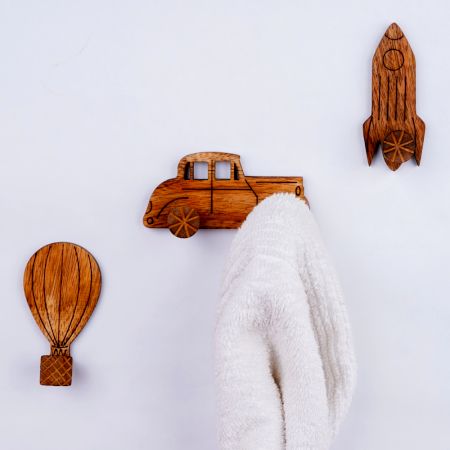 Wooden Adhesive Hot Air Balloon,Car And Rocket Shape Wall Hooks-Pack of 3