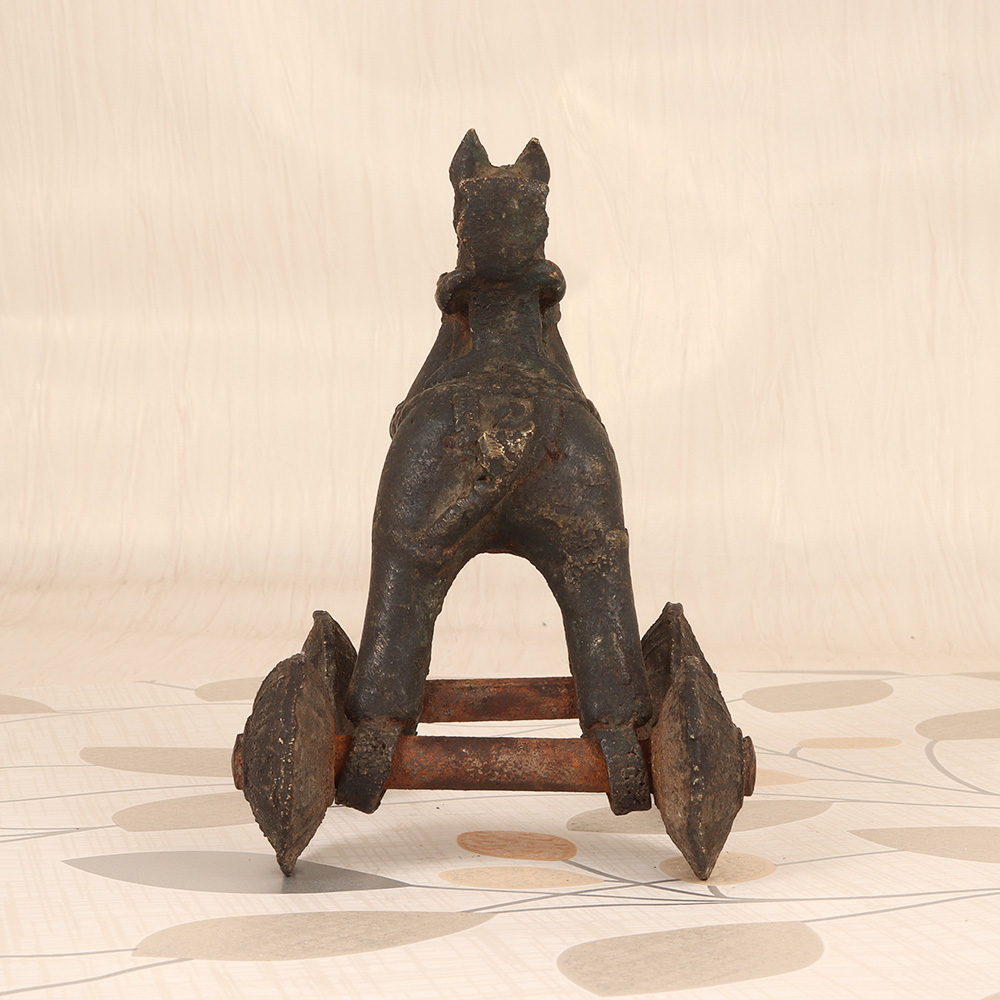 Indian Vintage Brown Brass Horse with Wheel for Decoration