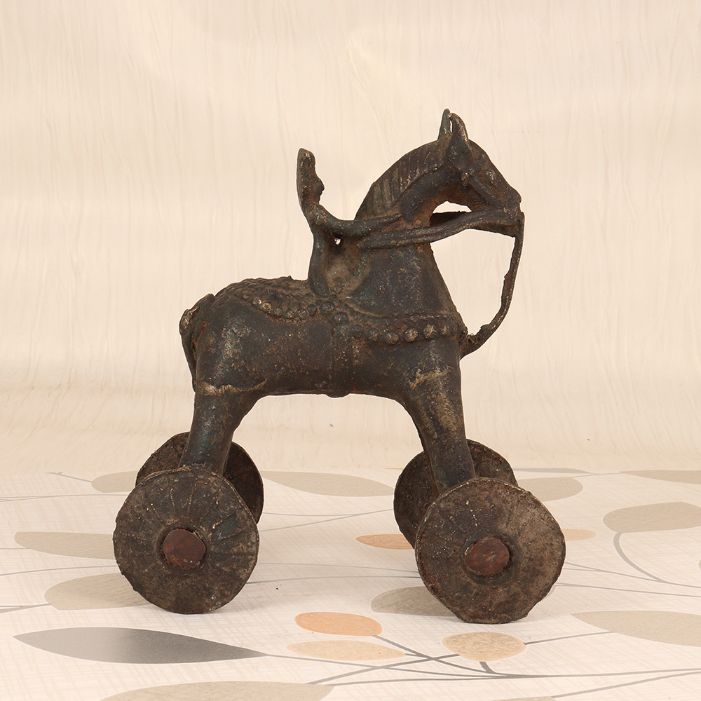 Indian Vintage Brown Brass Horse with Wheel for Decoration