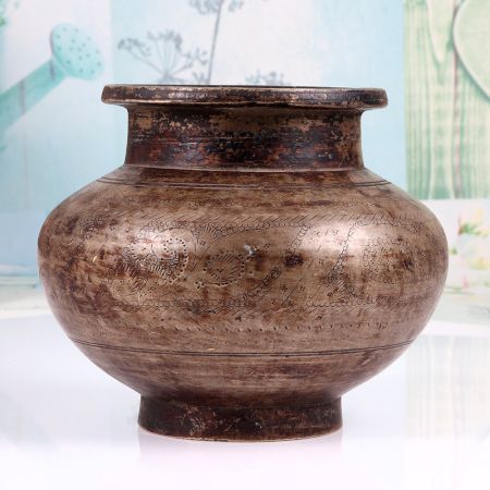 Carved Handmade Gujarati Art Holy Water Pot Made of Finest Brass