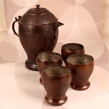 Handmade Vintage Copper Jug and Four Glass Set for Decor