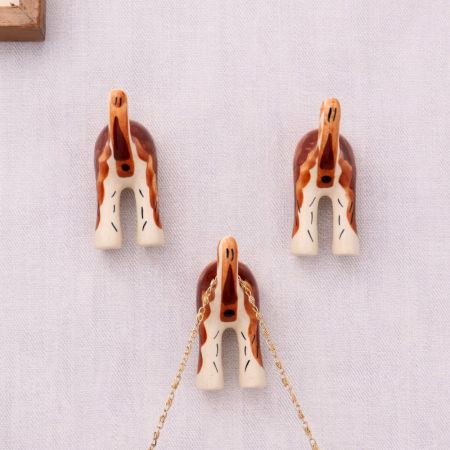 Brown White Ceramic Dog Tail Shaped Wall Hooks-3 Pieces