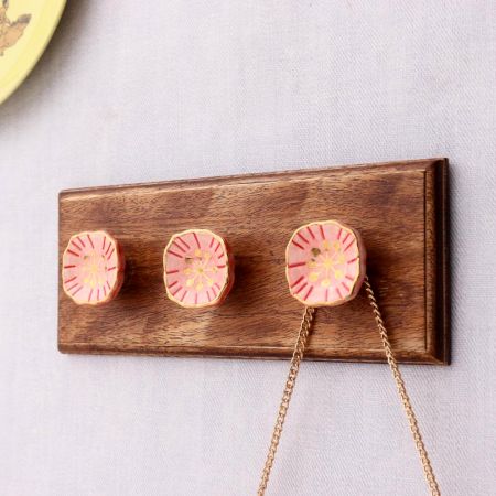 Pink Golden Flower Flat Ceramic Wooden Wall Hook