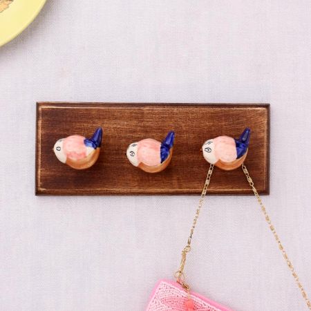 Pink Blue Ceramic Bird Modern Kids Wooden Wall Hook