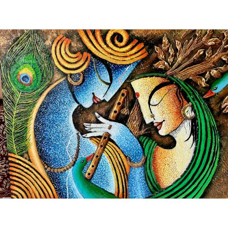 Hand-Painted Radha Krishna Canvas Painting by Artist Ananya Chaudhuri 24 x 30 Inches