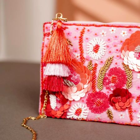 Soft Pink Cotton and Beads Hand Bag for Wedding