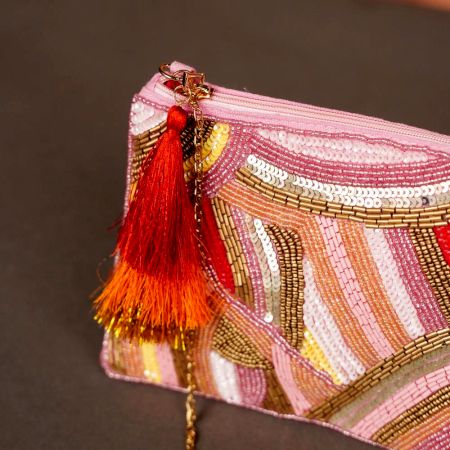 Modern Design Multicolor Cotton and Beads Hand Bag