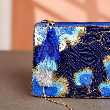 Premium Hand-Beaded Blue Floral Motifs Cotton Hand Bag