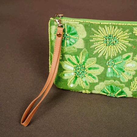 Green Cotton and Beads Hand Bag for Festive Wear