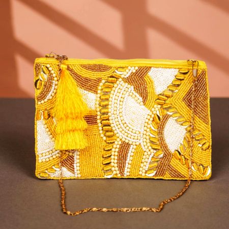 Mustard Cotton and Beads Hang Bag in Premium Finish