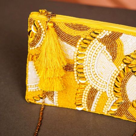Mustard Cotton and Beads Hang Bag in Premium Finish