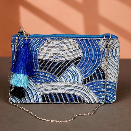 Deep Blue Style Cotton and Beads Hand Bag for Festive Occasions