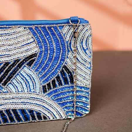 Deep Blue Style Cotton and Beads Hand Bag for Festive Occasions