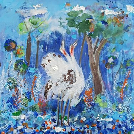 Two Manchurian Cranes Dancing in the Rain Canvas Painting by Artist Dr. Maya Subramoni 18 x 18 Inches